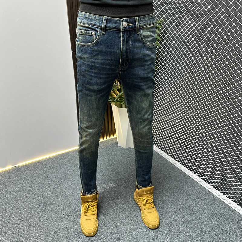 男士修身小脚牛仔裤复古水洗深蓝色弹力休闲百搭长裤2025秋冬新款