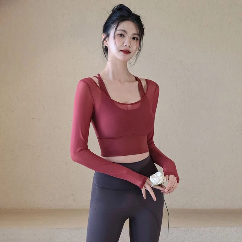 带胸垫假两件运动长袖上衣新款设计短款露脐辣妹