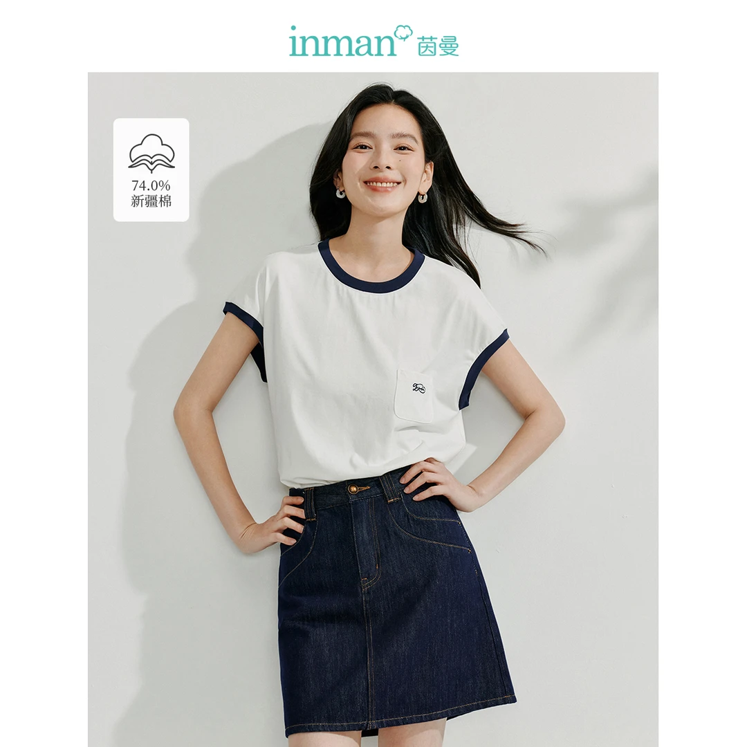 【欧若风新品】茵曼夏季冰感撞色圆领短袖T恤女简约百搭小飞袖上衣