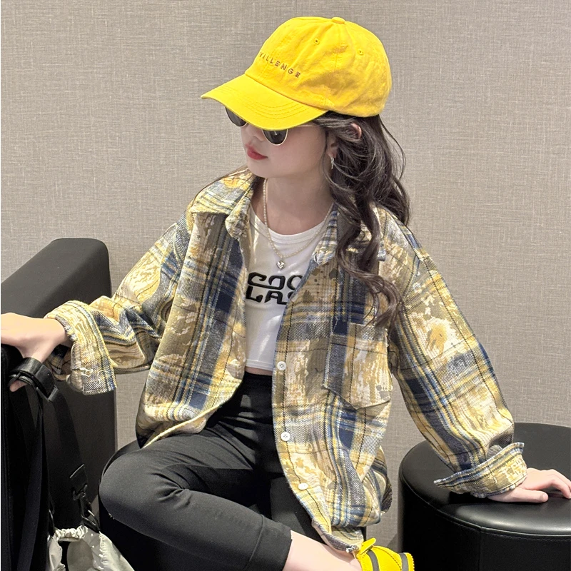 女童格子衬衫2025新款洋气儿童衬衣春秋款长袖女大童外套春装上衣