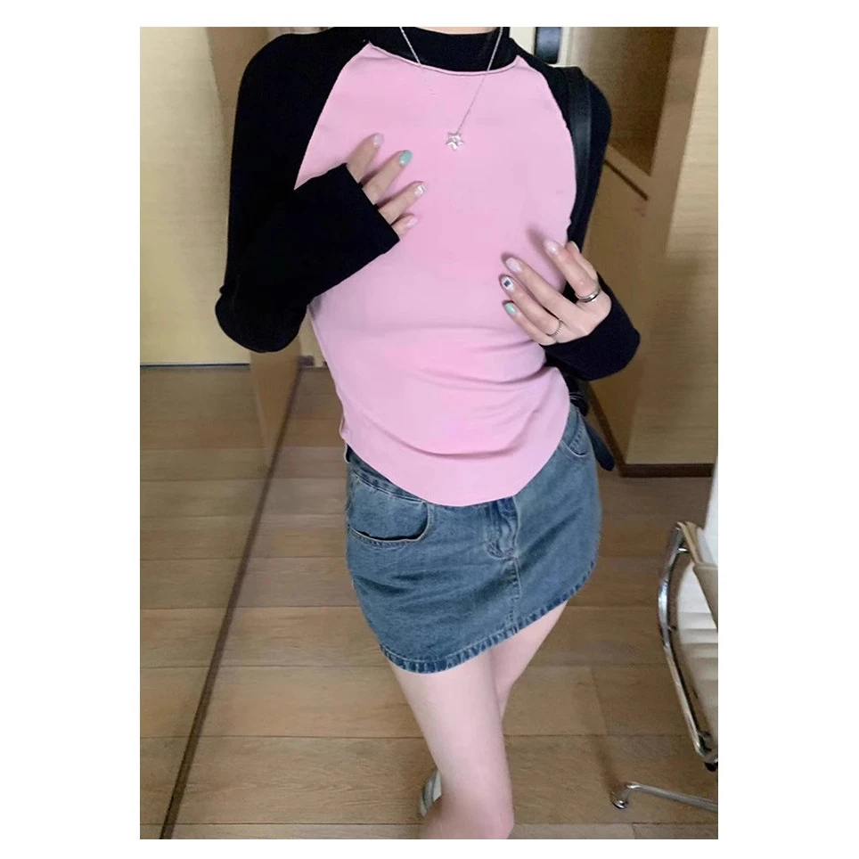 圆领打底衫女20 25秋冬美式复古撞色正肩内搭长袖T恤上衣显瘦卫衣