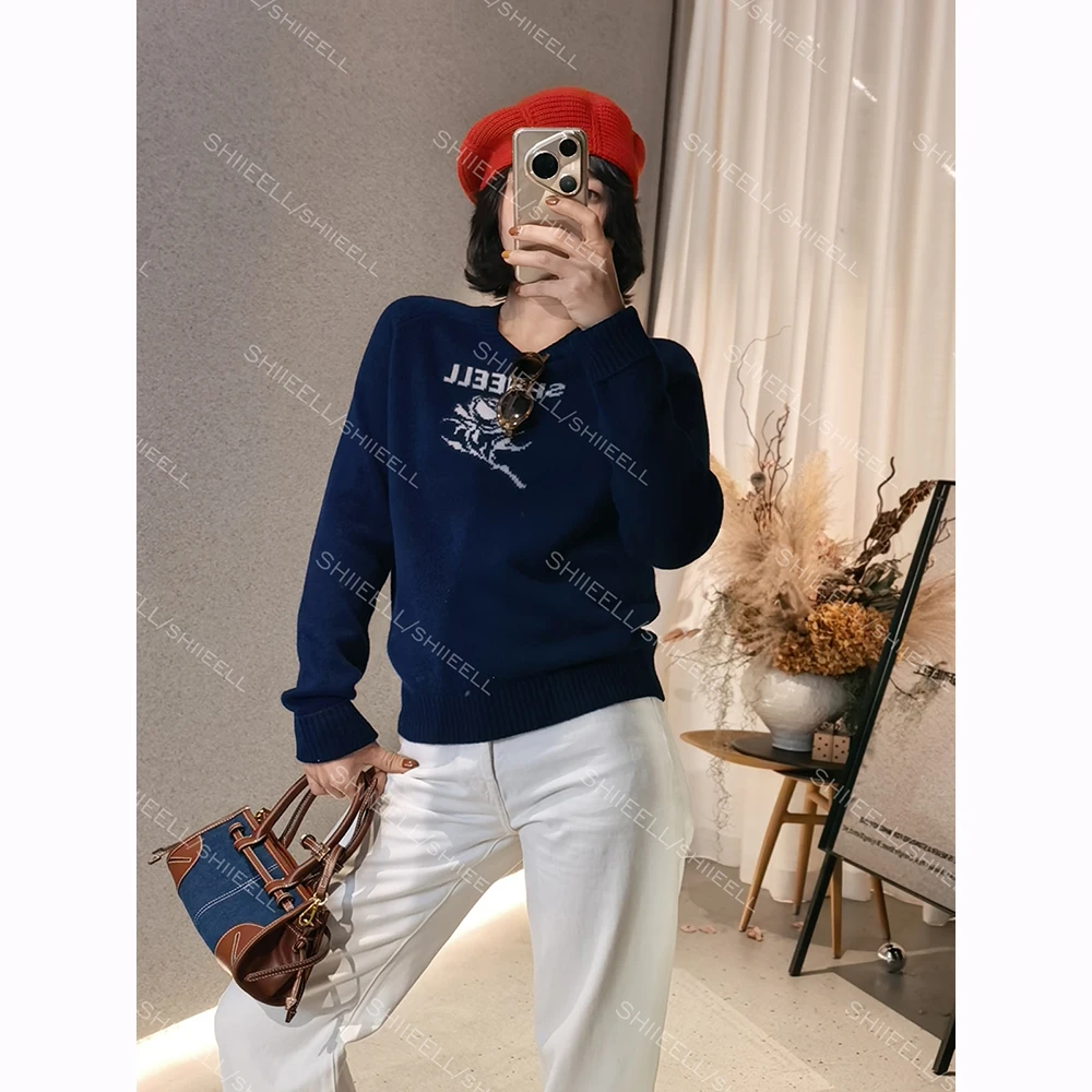 SHIIEELL【羊毛玫瑰】绵羊毛圆领字母提花加厚秋冬百搭毛衫Z7620