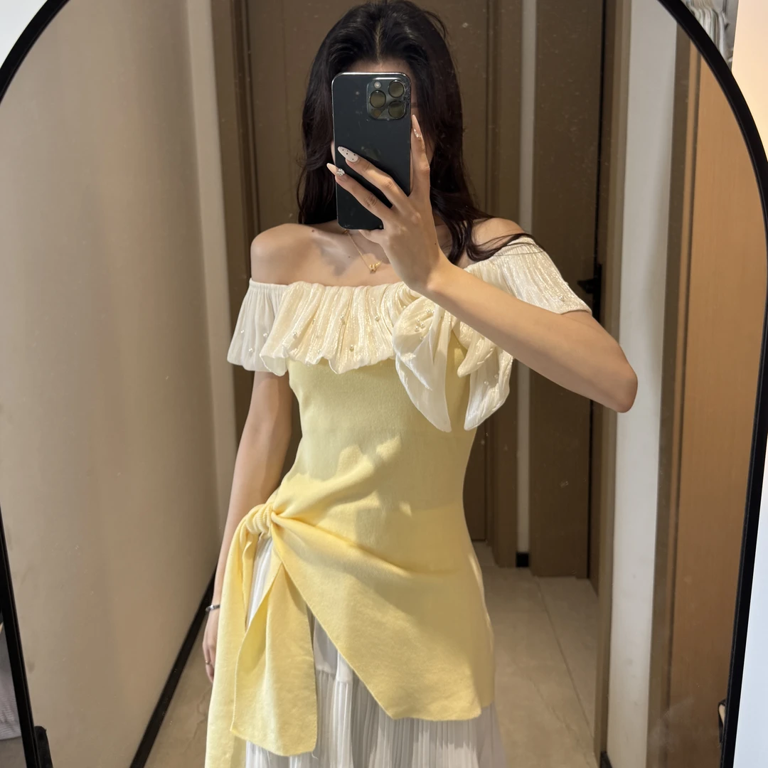 夏季修身显瘦拼接绑带一字领毛针织衫设计感复古辣妹露肩收腰