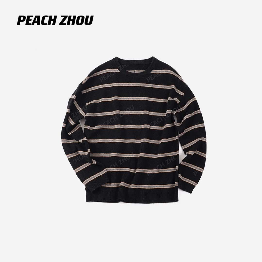 『PEACHZHOU』100羊毛撞色横条纹宽松圆领毛衣简约休闲中性针织衫