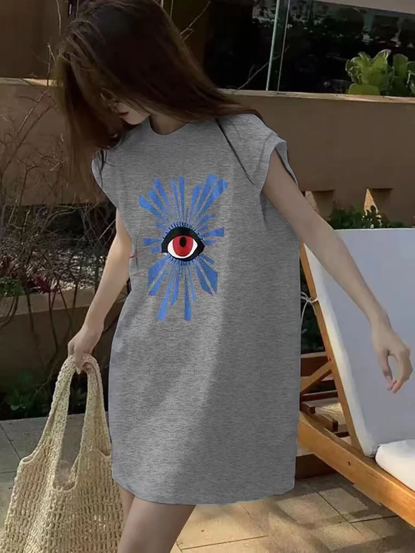 纯棉高品质韩系大码中长款飞飞袖时尚印花T恤休闲中长裙卡通洋气