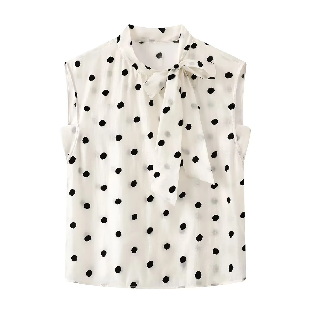 迪~高定2025夏新款简约时尚百搭波点无袖背心衬衫女上衣Y566925