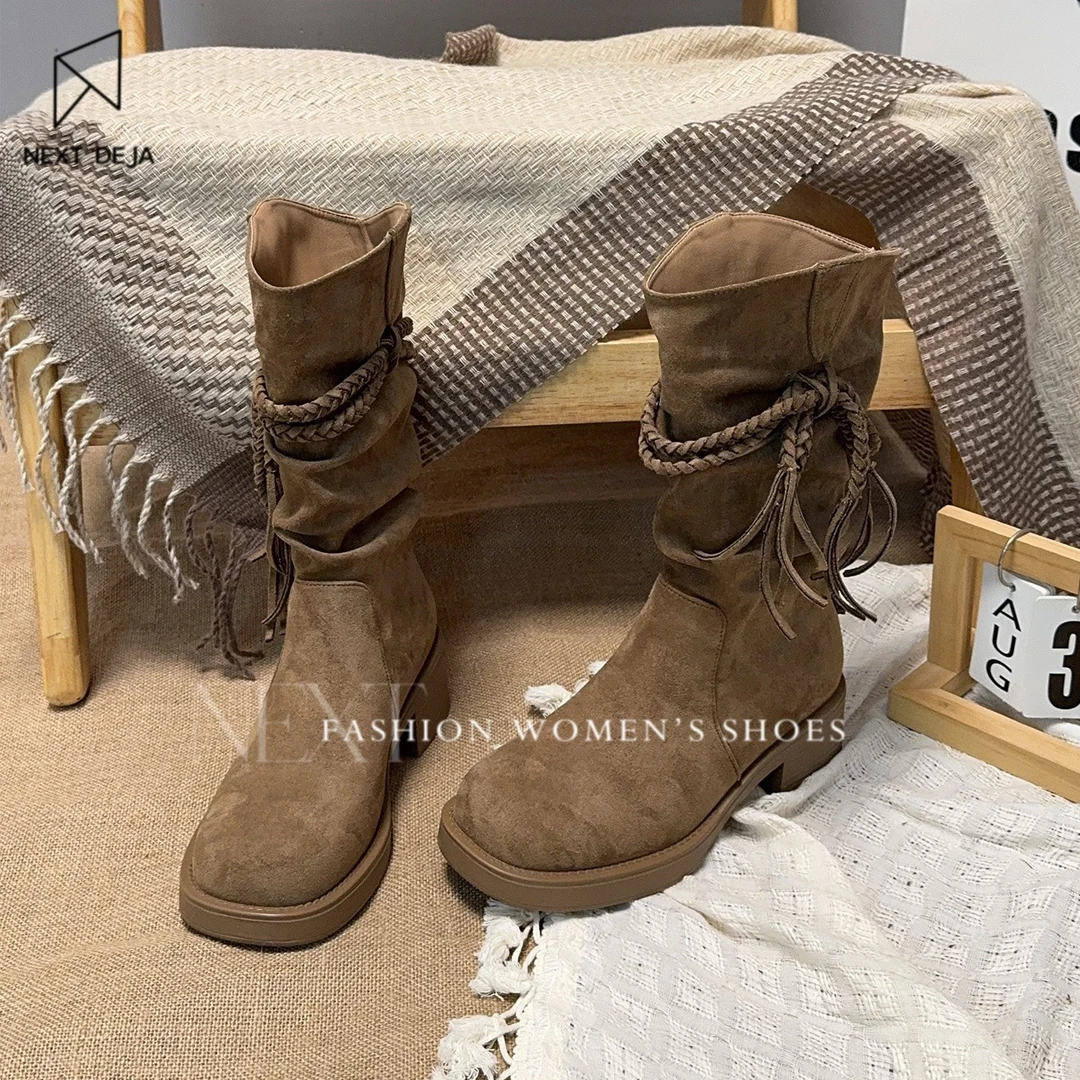 真皮版~流苏废土风靴子女2025秋款美拉德粗跟骑士长筒靴堆堆长靴