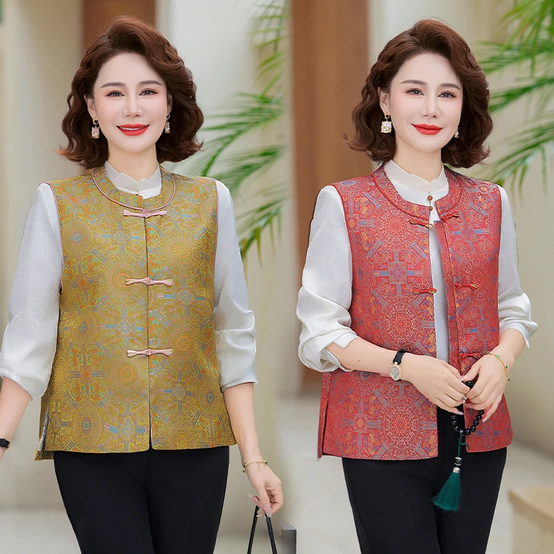 新中式提花马甲外套女春季新款时尚背心妈妈减龄气质显瘦圆领上衣