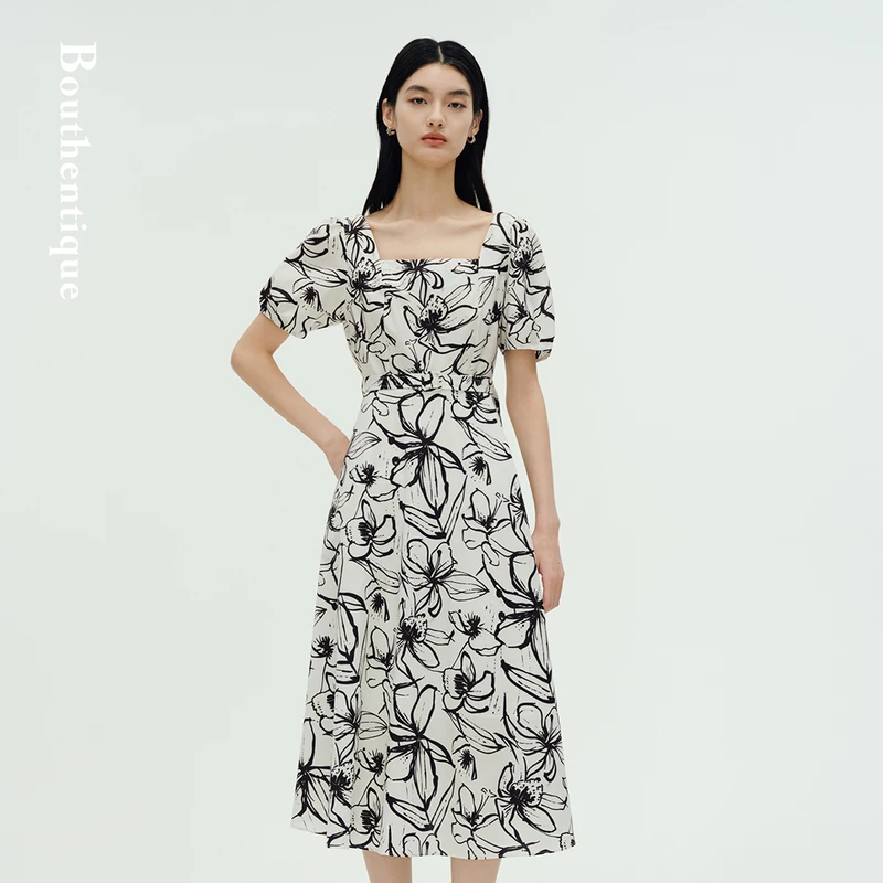 Bouthentique丝棉混纺方领泡泡袖短袖连衣裙225231D1C45