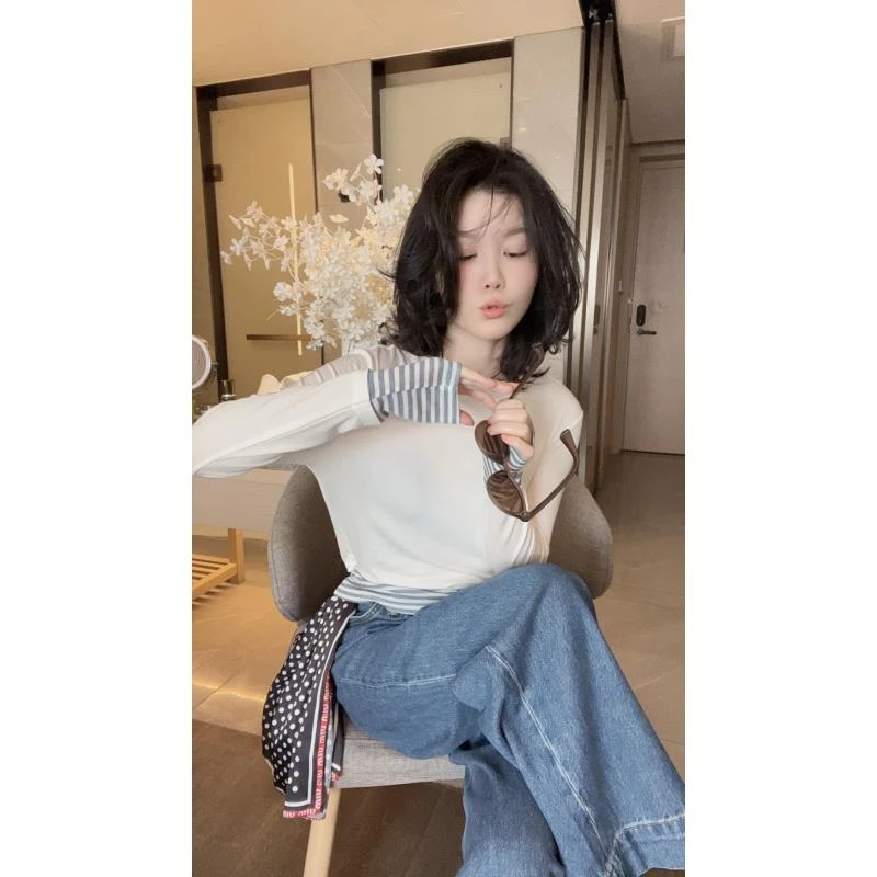 【悦悦专属】拼接条纹边下摆圆领T恤S389