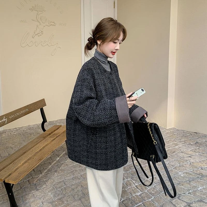 灰色粗花高品小香风外套2025新款女冬爆款高级感拼接圆领女服上衣