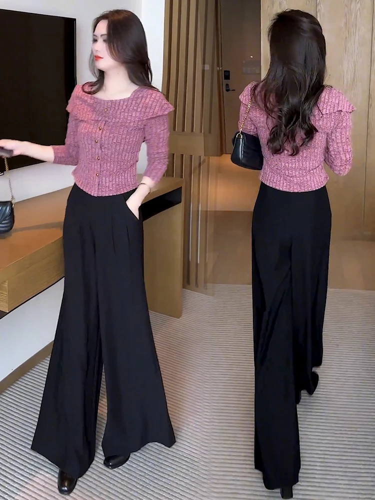 时尚洋气套装女秋冬季新款气质一字肩T恤打底衫显瘦阔腿裤两件套