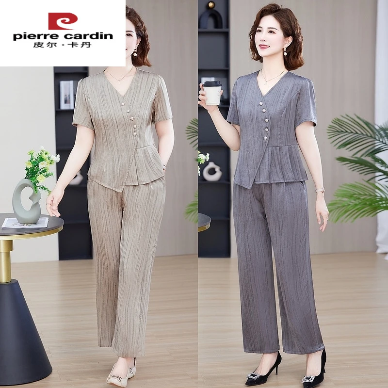 皮尔卡丹妈妈夏装新款新款套装洋气中老年夏季宽松气质短中年裤子