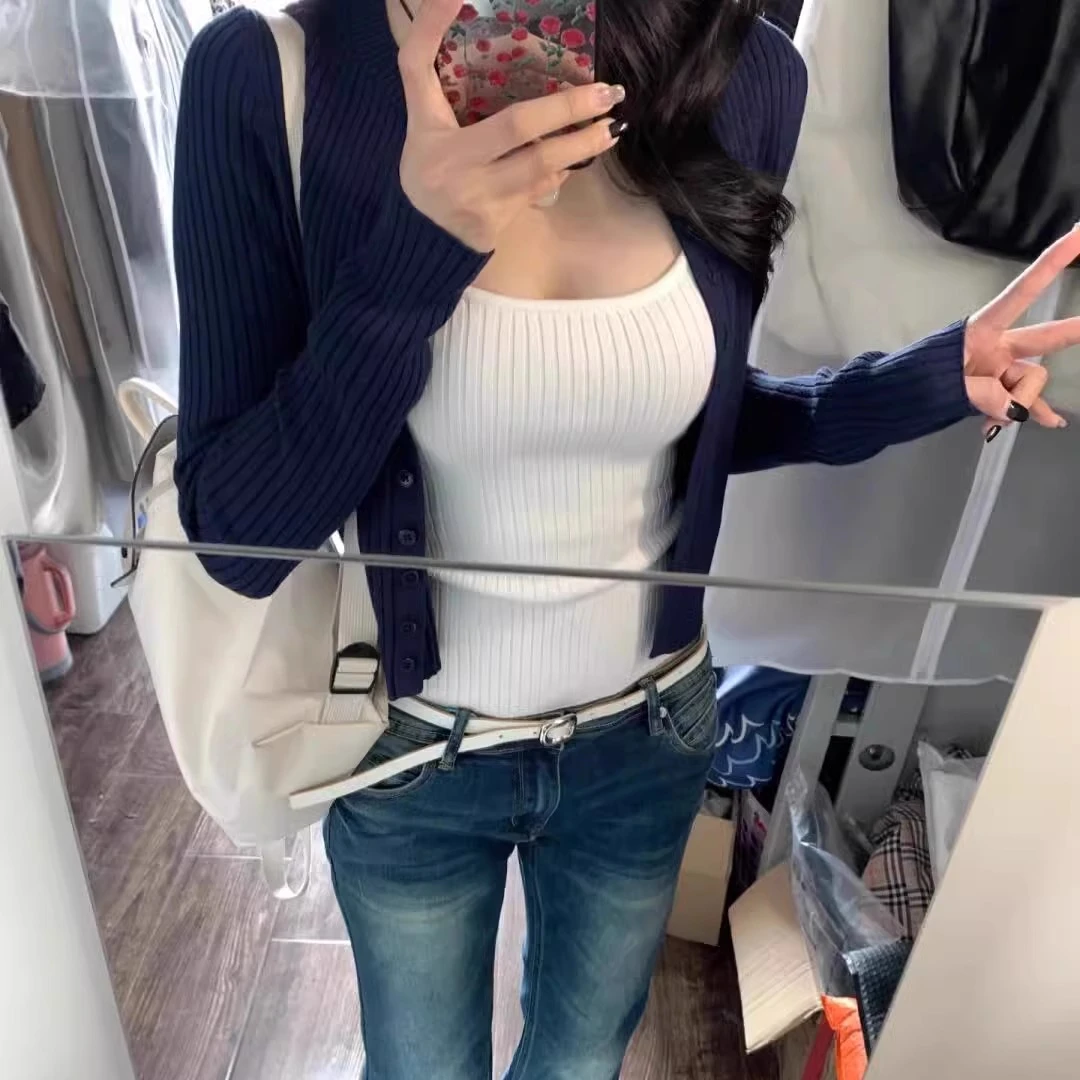 韩系藏青色开衫针织衫女春秋短款内搭叠穿吊带背心百搭两件套上衣