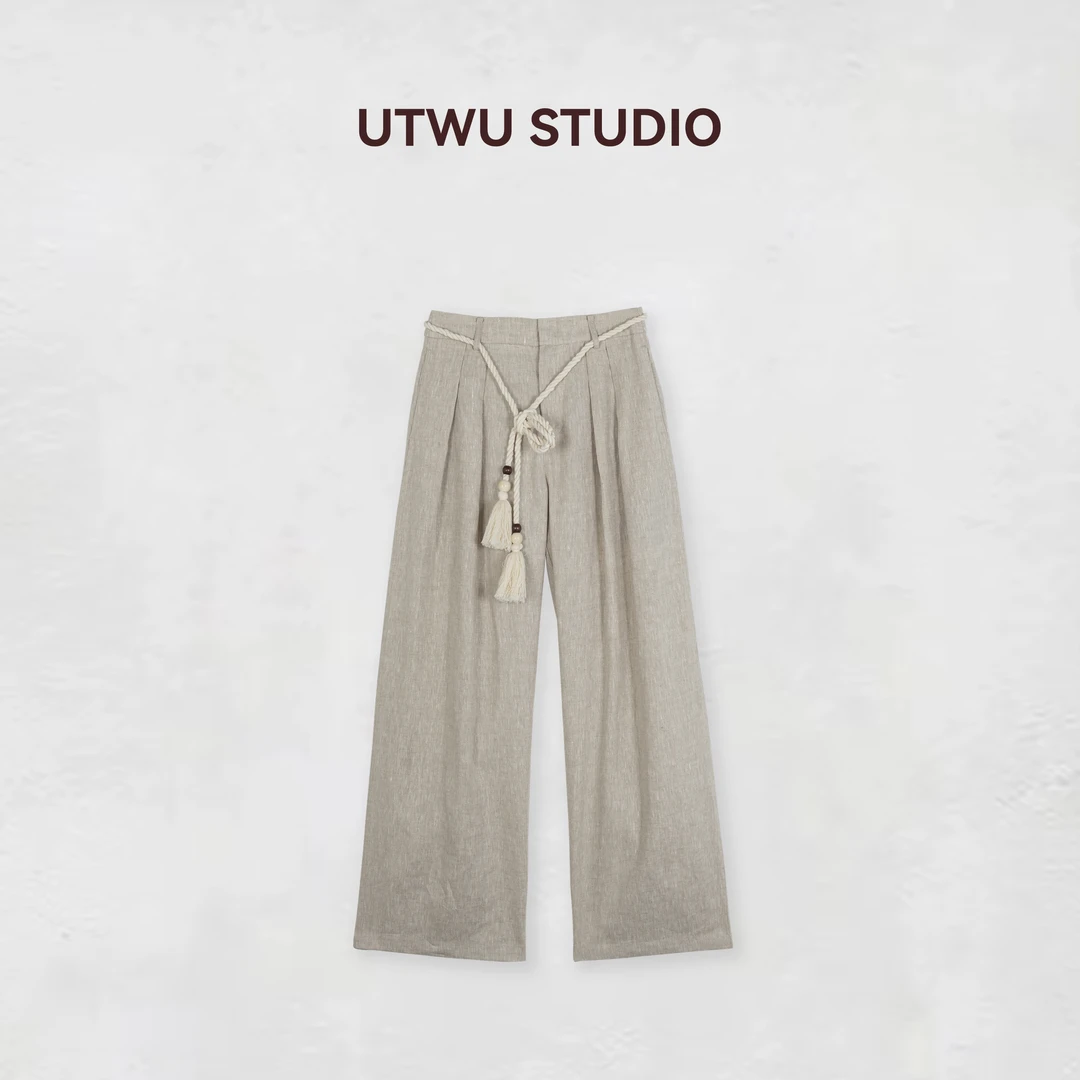 小敏「薄雾禅意」春夏新款1oo亚麻麻色流苏腰带休闲裤S25K1016