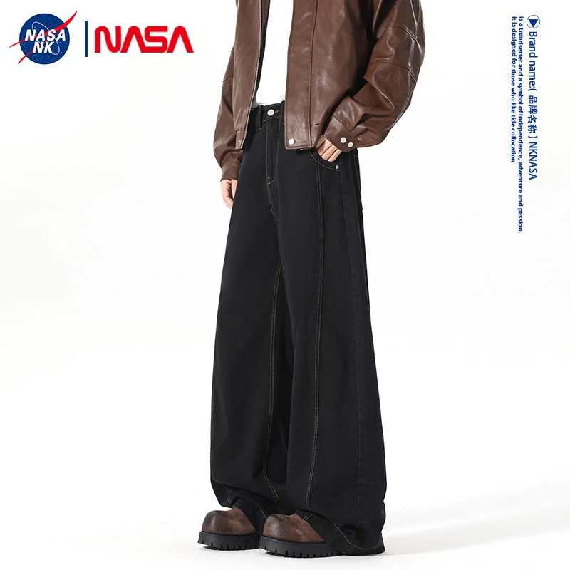 NASA联名美式复古褶皱水洗弯刀牛仔裤男潮牌宽松解构百搭阔腿长裤