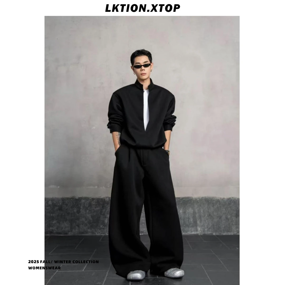 LK正品 松弛感休闲穿搭挺阔假两件卫衣男宽松阔腿卫裤运动套装