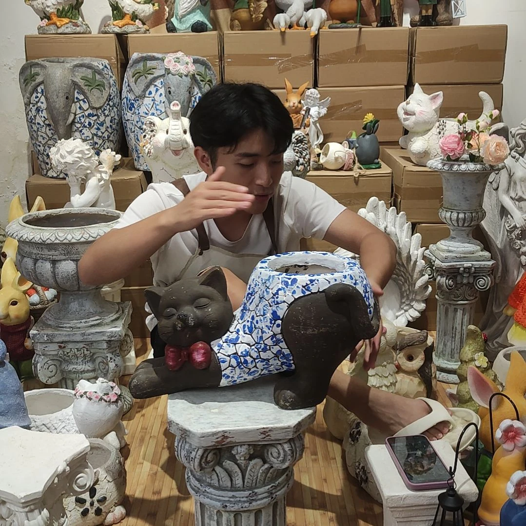 合成树脂青花猫咪花盆