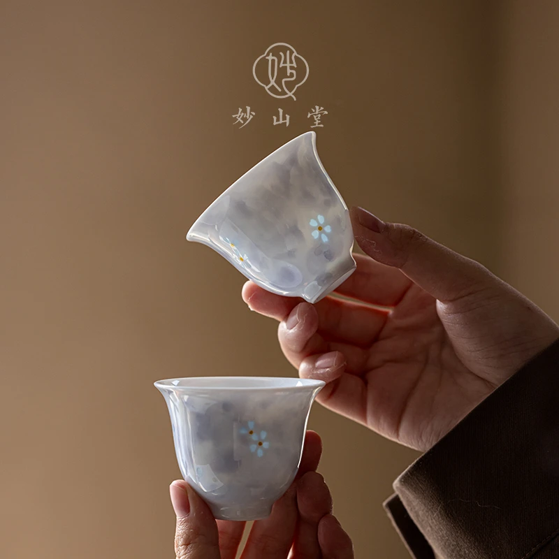 玲珑女士茶杯手绘花朵泡茶主人杯紫色陶瓷单杯茶具个人专用品茗杯