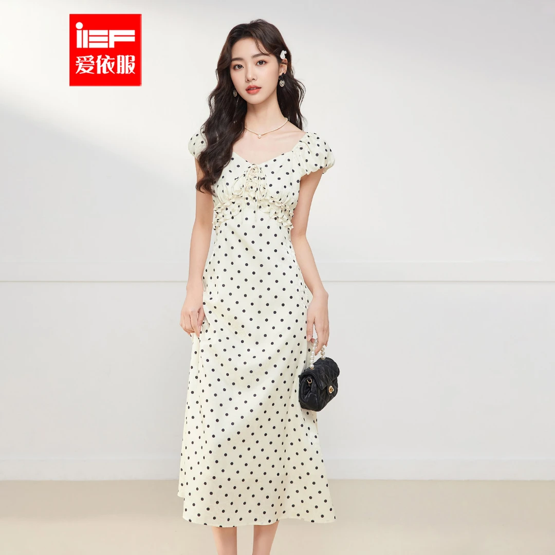 IEF/爱依服连衣裙2025夏季新款法式温柔风波点设计显瘦连衣长裙