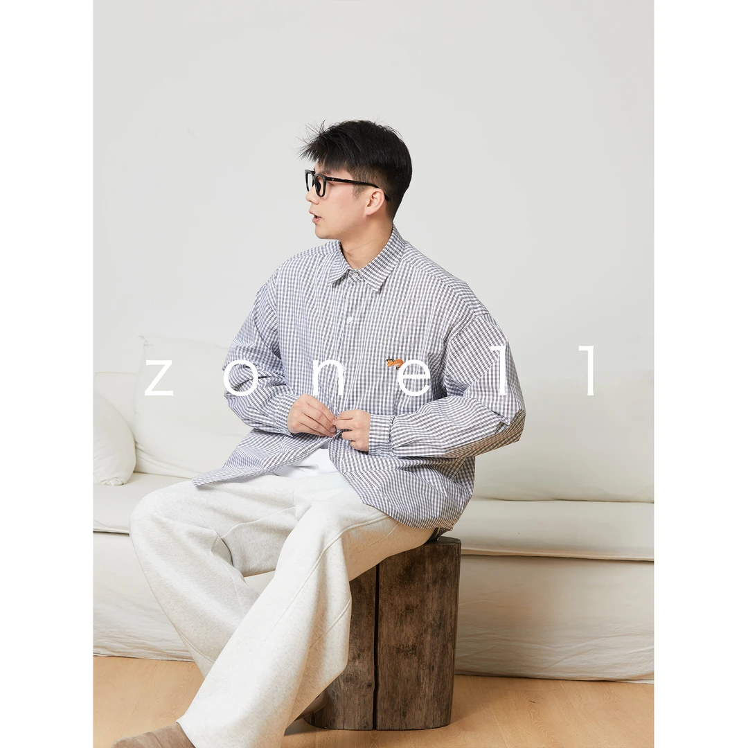 Zone11秋2025新「轻海盐」休闲格子衬衫刺绣百搭宽松翻领复古ZC011