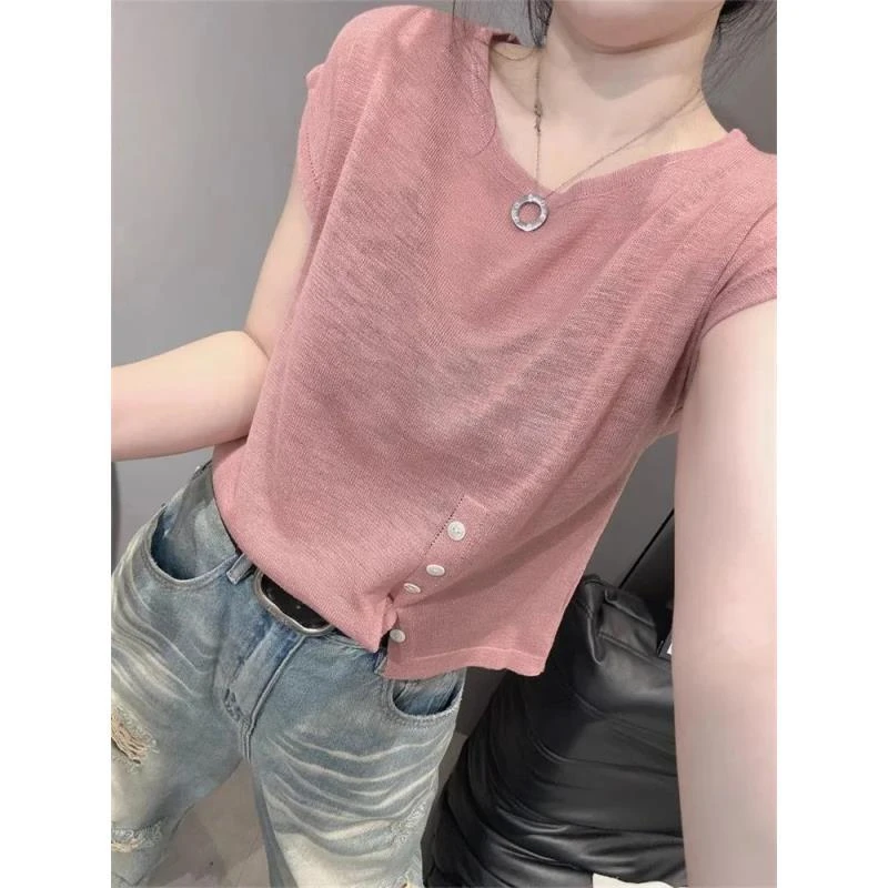 欧洲站夏新款圆领冰丝针织衫短袖女设计感气质宽松显瘦不规则上衣