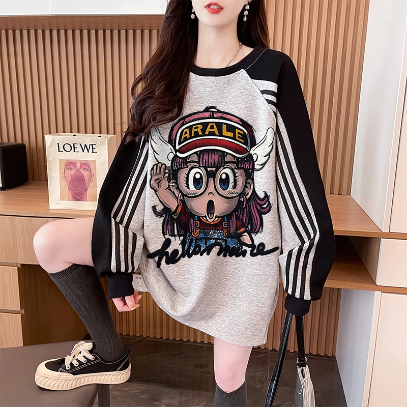 设计感三条杠圆领卡通卫衣女秋冬爆款中长款宽松慵懒风加绒上衣潮