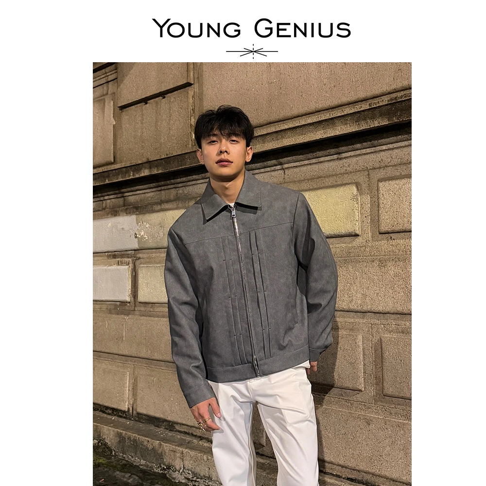 Young Genius潮流结构拼接仿牛仔做旧PU皮夹克外套男休闲复古上衣