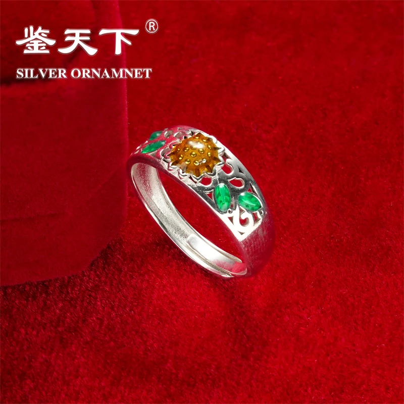 925银珐琅戒指 925银珐琅彩黄花绿叶开口戒指08100066