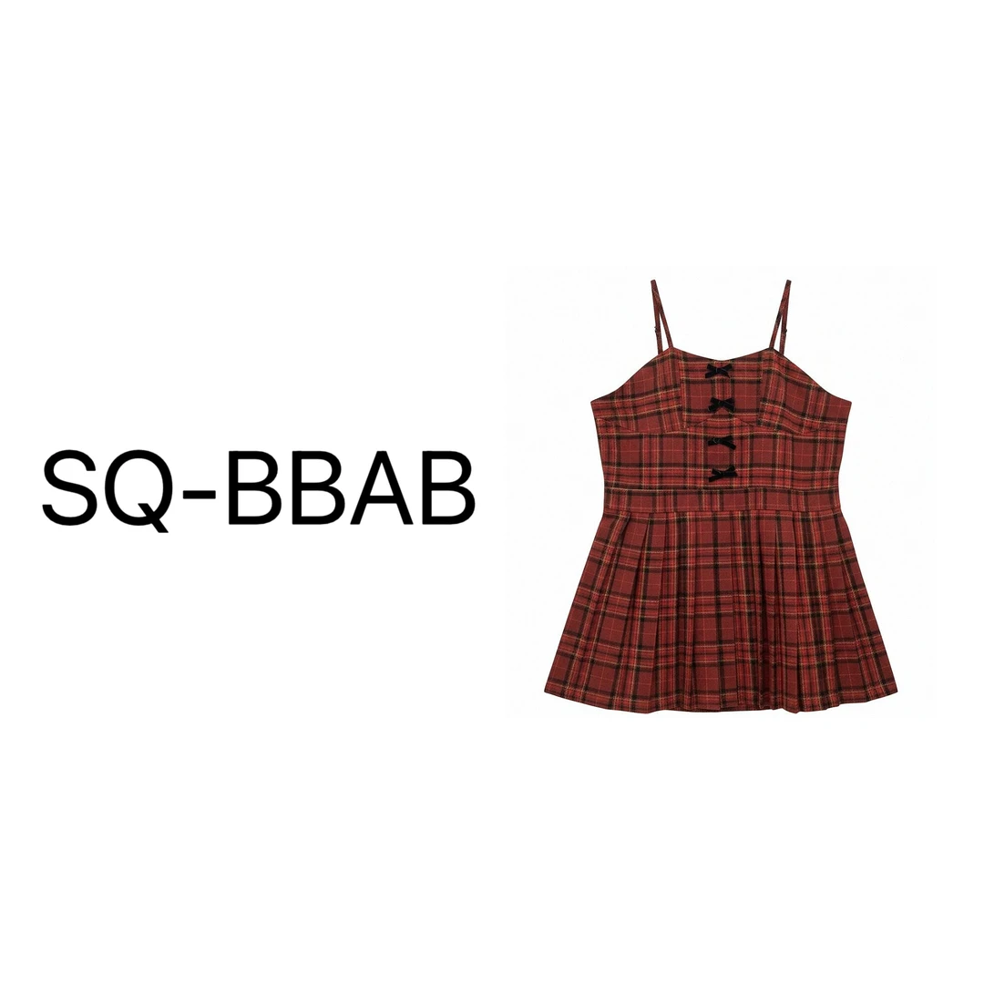 F5195大码女蝴蝶结格子吊带裙