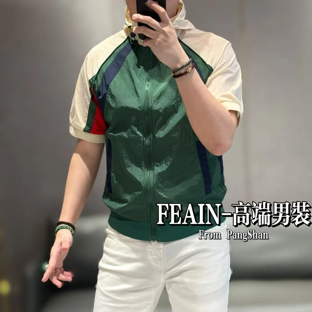 全手工拼接撞色工艺大G家风格连帽拉链夏季短袖T恤夹克3331