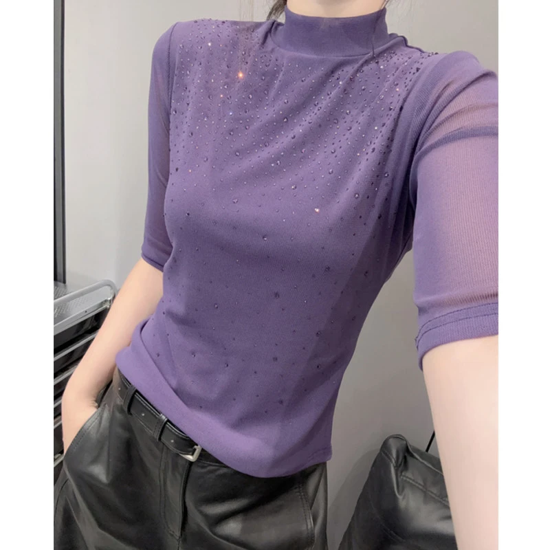 半高领T恤女中袖纱衣网纱修身时髦气质五分袖打底衫烫钻上衣秋冬