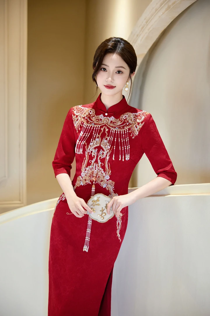 红色旗袍敬酒服新娘2025新款高级感结婚新中式订婚礼服裙重工刺绣