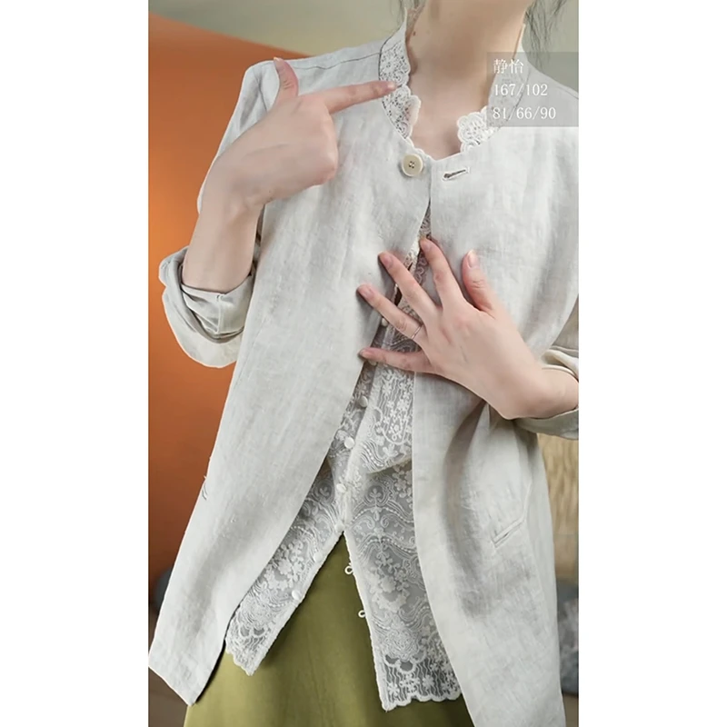 【与风萦】一粒扣亚麻西装外套  时尚休闲百搭复古宽松设计感春秋