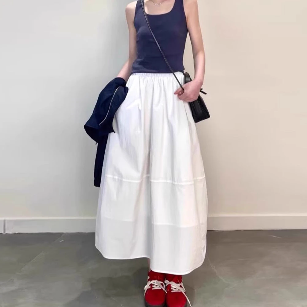 法式赫本风白色伞裙半身裙女夏中长款花苞裙高腰遮胯裙子a字半裙