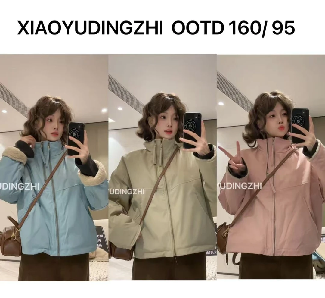 【加绒】短款派克服女冬款韩系休闲宽松小个子毛毛拼接棉服外套