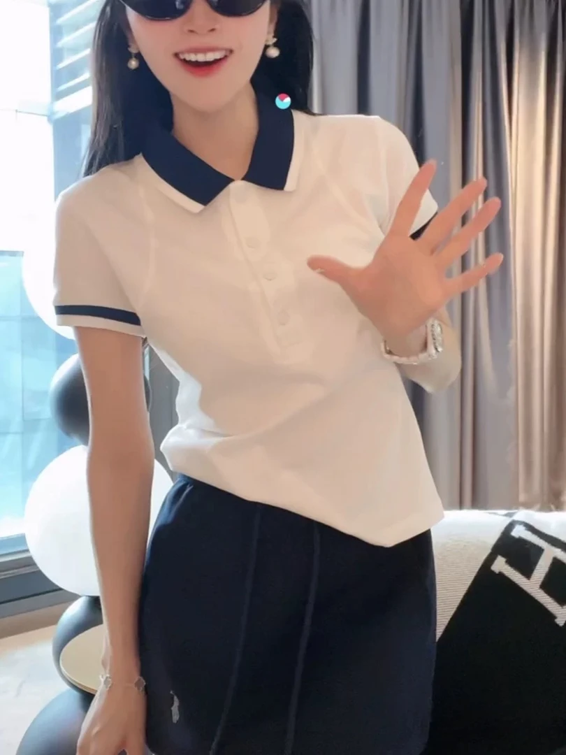 撞色韩系小众设计感POLO衫短袖T恤女春季新款休闲百搭打底短上衣