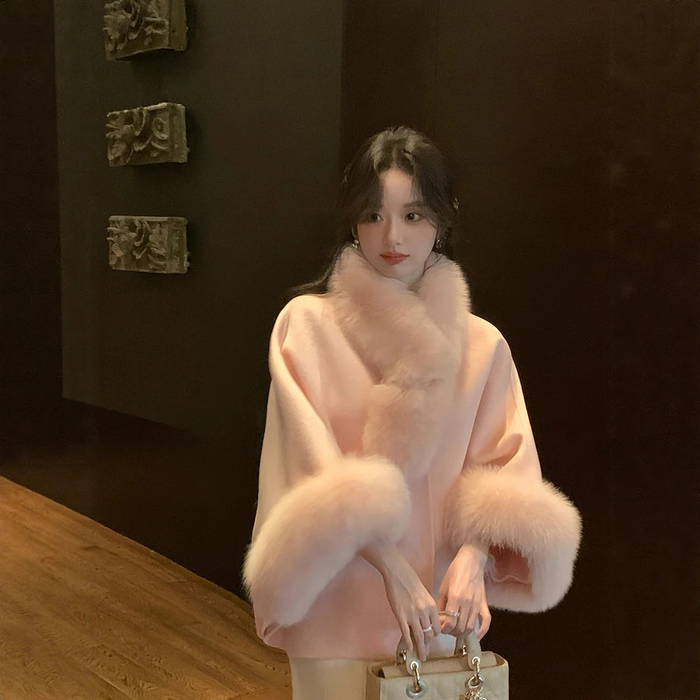 贵贵小斗篷双面羊绒大衣女2025秋冬小个子毛呢羊毛外套短款狐狸毛