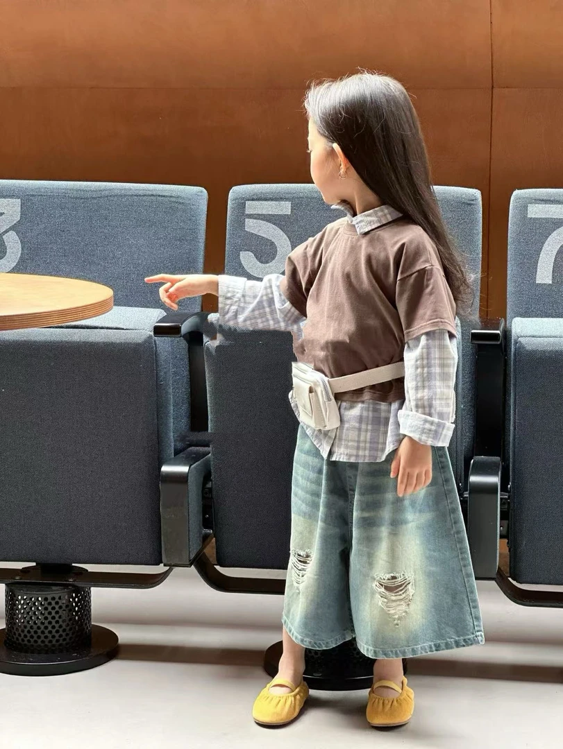 女童韩版休闲套装上衣两件套+破洞牛仔裤宝宝春秋款套装时尚穿搭