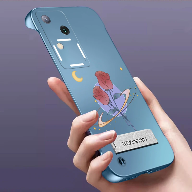 适用VIVOS18无边框s18pro手机壳超薄半包玫瑰时尚支架防摔散热