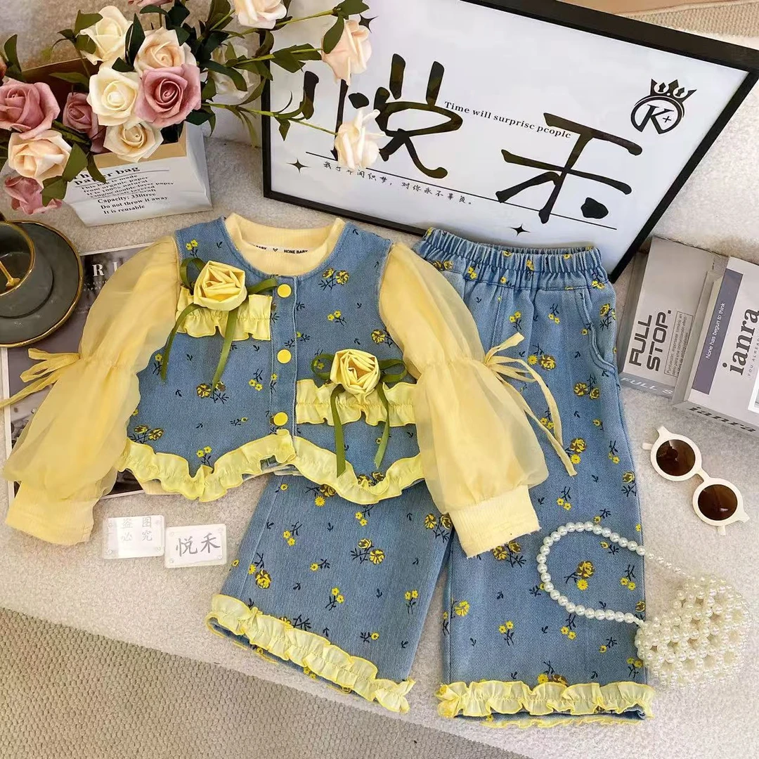 SH【悦禾】女童秋款上新甜美秋季牛仔马甲长裤女童洋气时尚套装7696