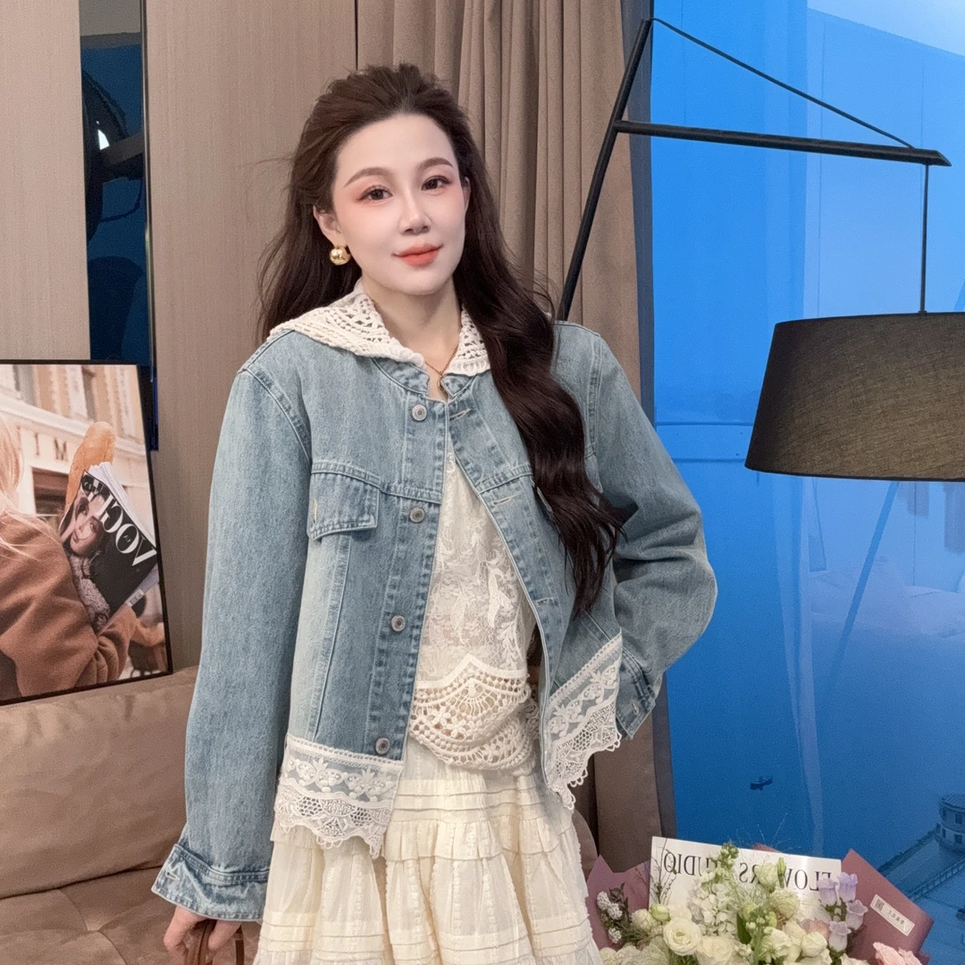 【静静衣橱】春季新款时尚圆领拼接蕾丝韩版牛仔休闲百搭短外套6026