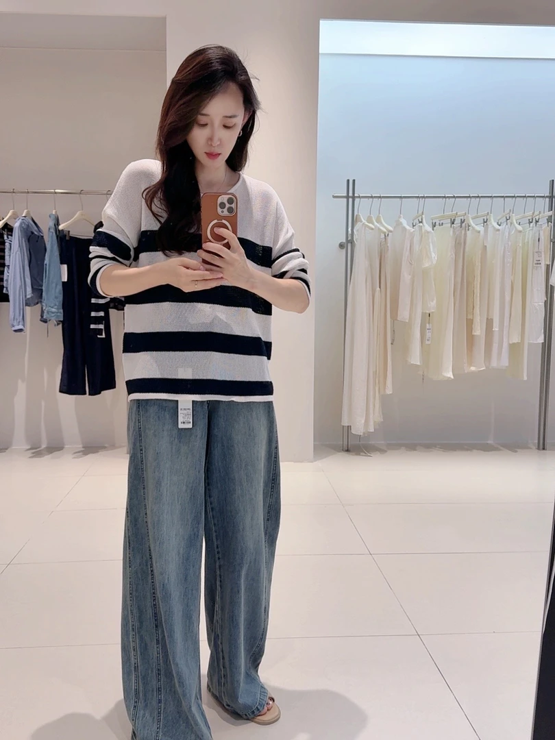 针织衫-25118简约廓形撞色条纹圆领套头针织衫