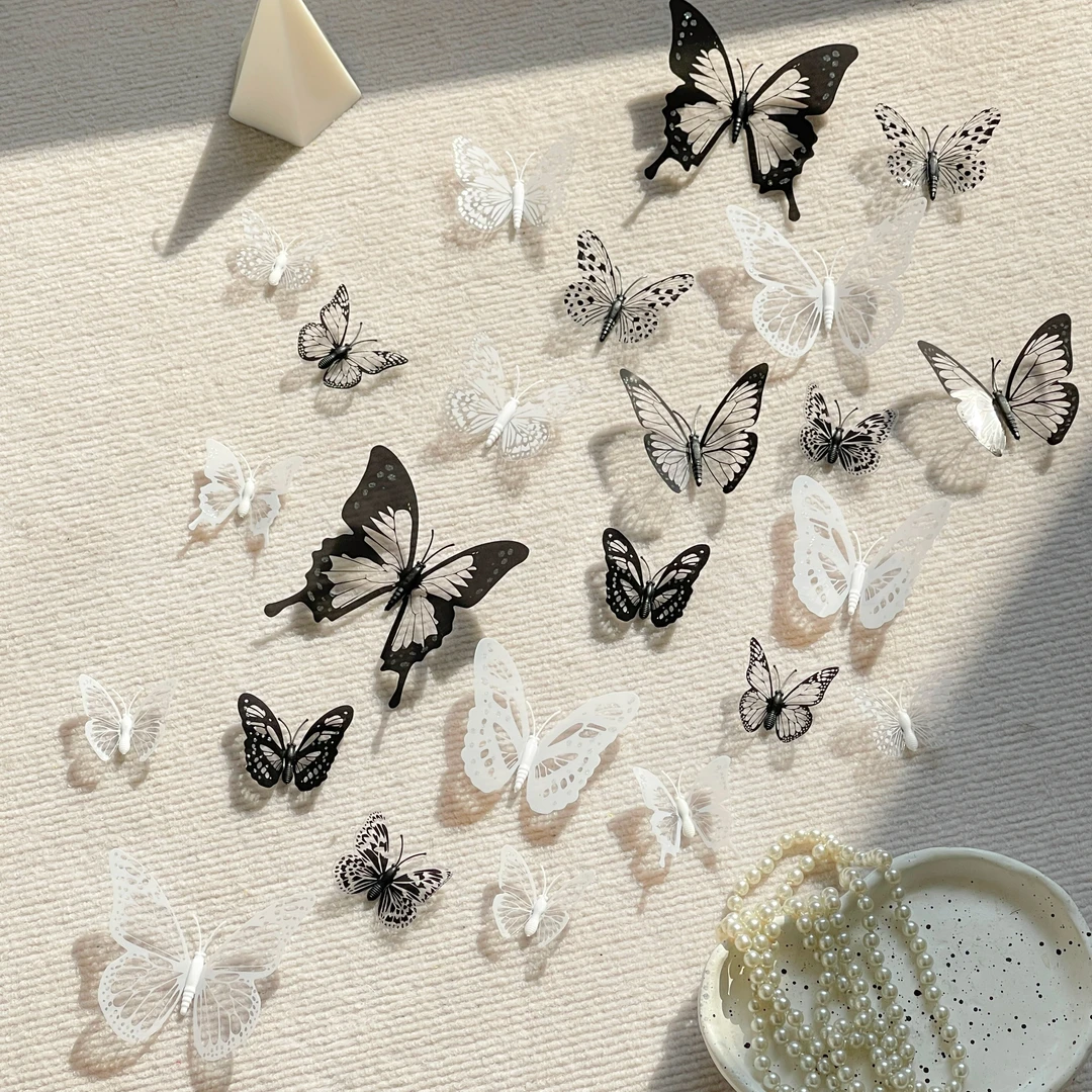 PVC黑白色仿真立体蝴蝶客厅diy装饰墙贴氛围感小清新拍照布置贴画