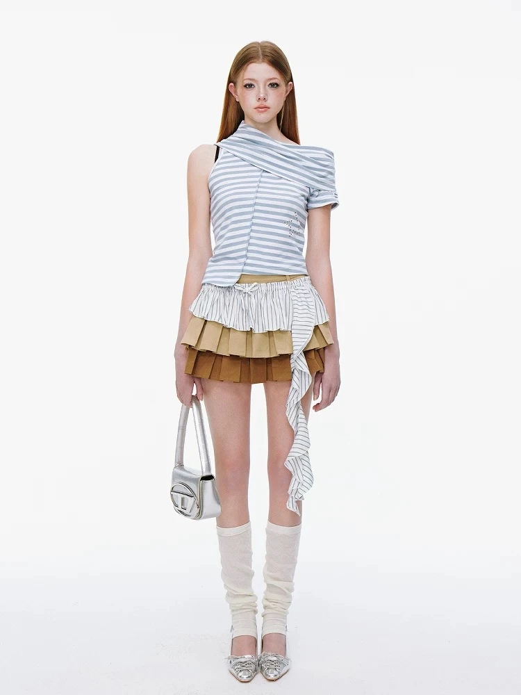 【直播间清仓款 No退No换】JIKOO斜翻领漏肩短袖T恤上衣