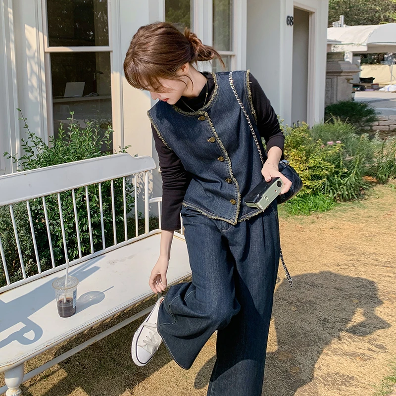 又酷又飒休闲牛仔套装女春2025新款韩版今年流行马甲阔腿裤三件套