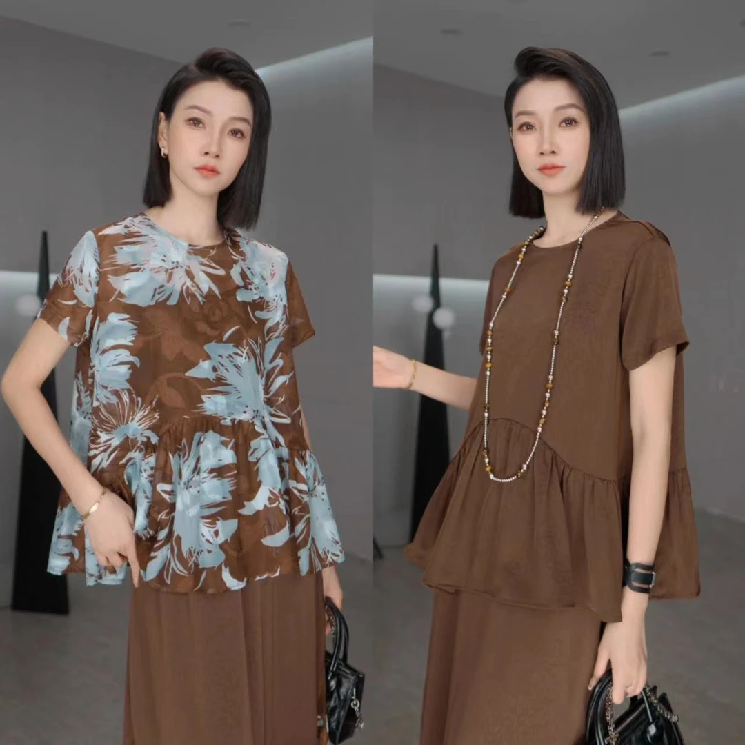 鑫鑫2025夏季新款拼接设计感复古风正肩高级圆领百搭上衣6103