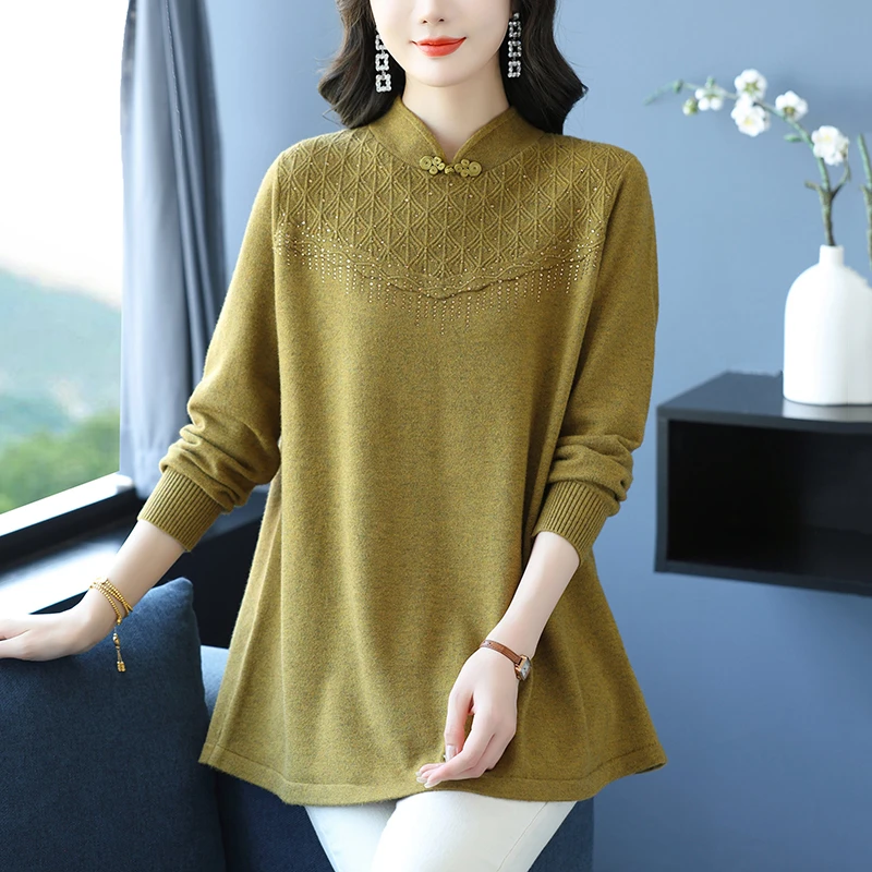 新中式国风立领打底衫秋冬大码A字版上衣显瘦遮肚子妈妈盘扣毛衣