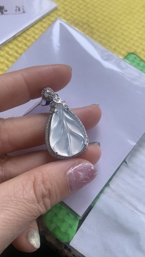 缅料翡翠银镶芭蕉叶子22.3-15.5-2.0