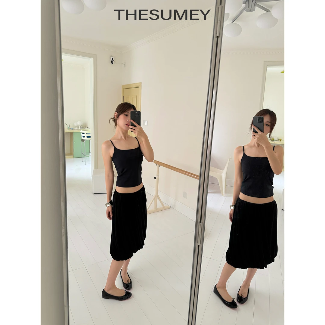 THESUMEY黑色花苞半身裙女夏季新款松紧腰显瘦小个子A字蓬蓬中裙